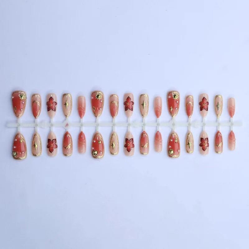 Press-On Nail Set Floral Gold Accents Reusable