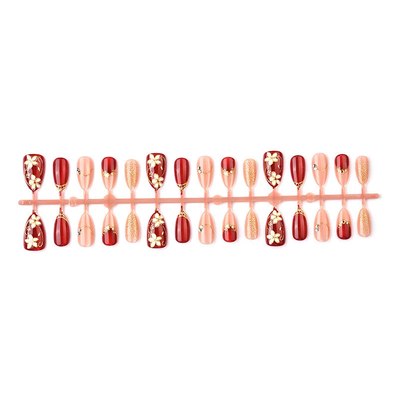 Press-On Nail Set Floral Gold Accents & Reusable