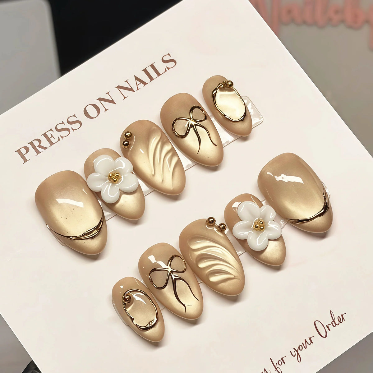Press-On Nail Set Floral Gold Accents Reusable & Easy Application