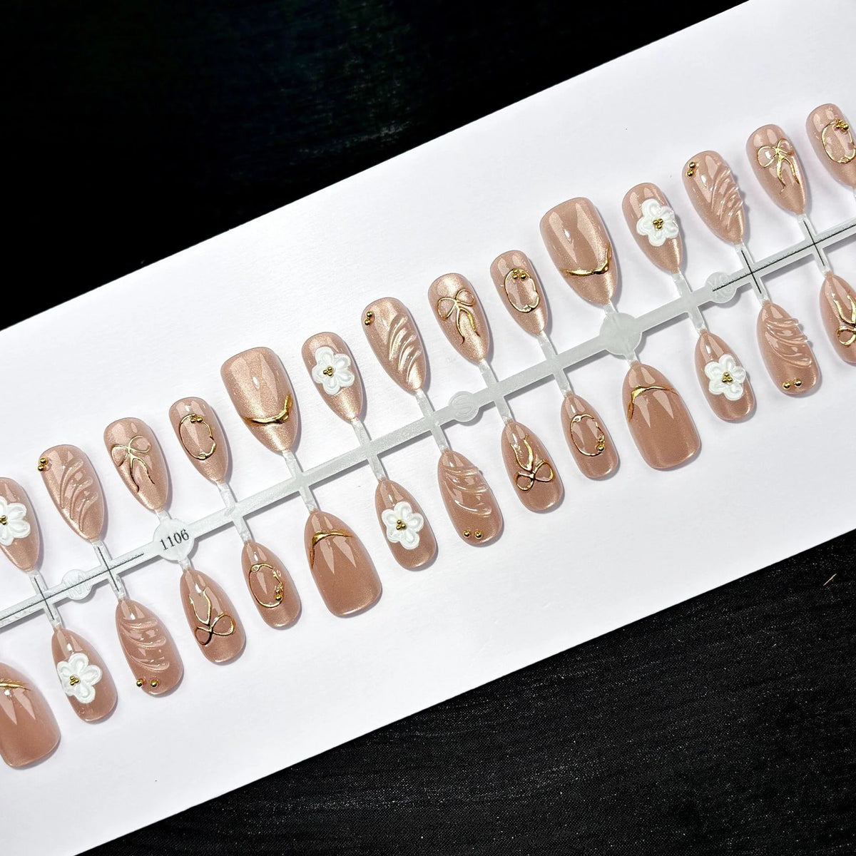 Press-On Nail Set Floral Gold Accents Reusable & Easy Application