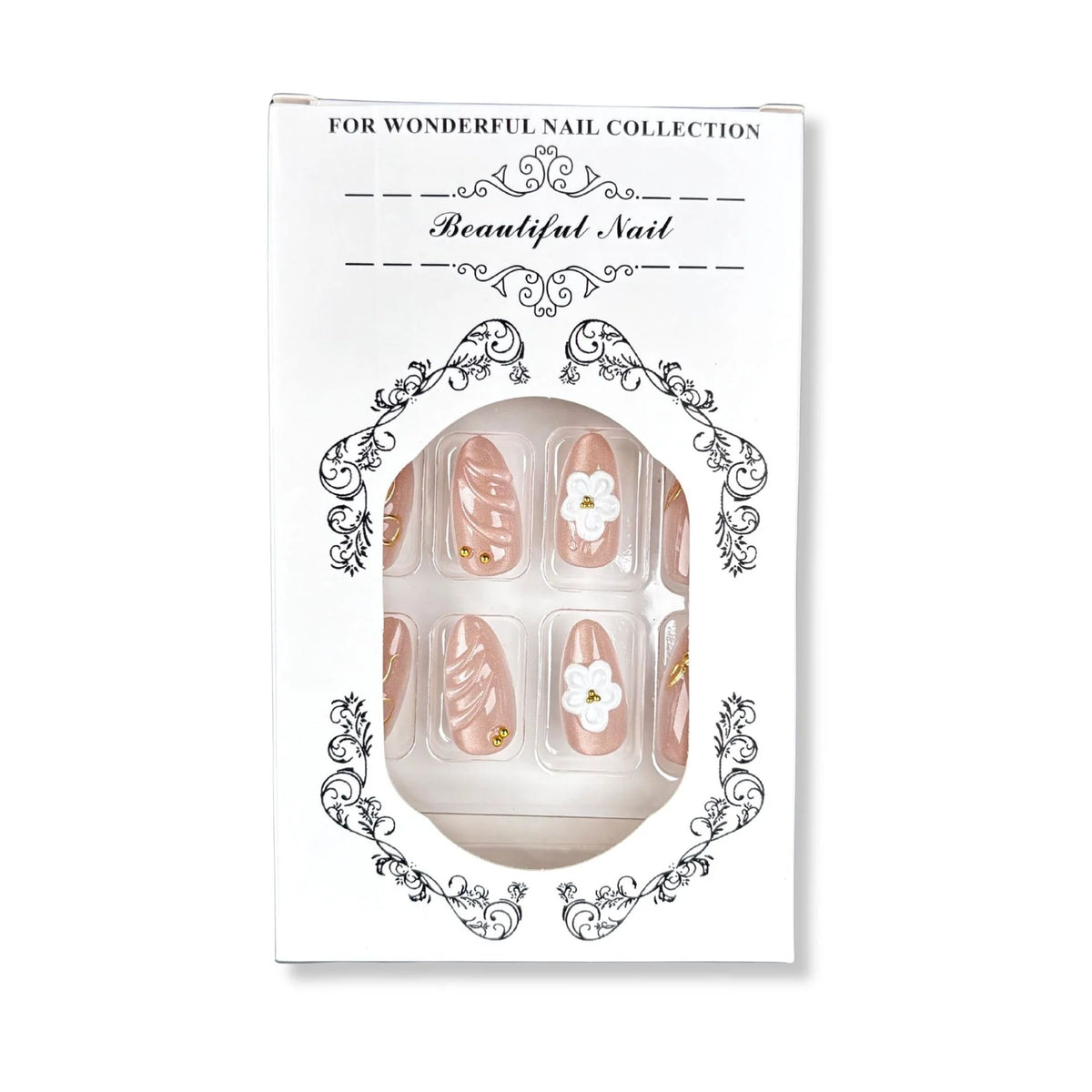 Press-On Nail Set Floral Gold Accents Reusable & Easy Application