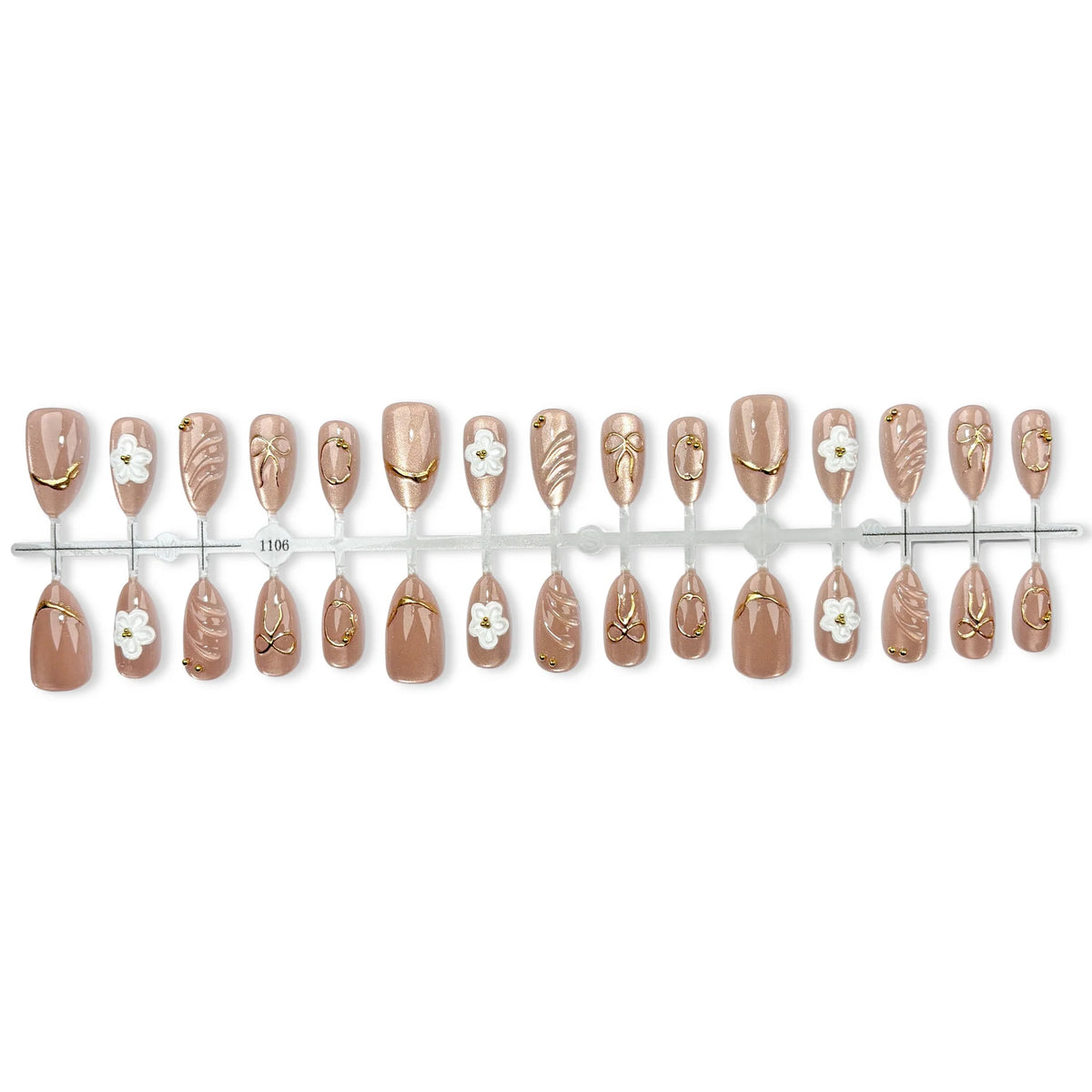 Press-On Nail Set Floral Gold Accents Reusable & Easy Application