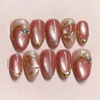 Press-On Nail Set Floral Gold Accents Reusable & Peel-And-Press