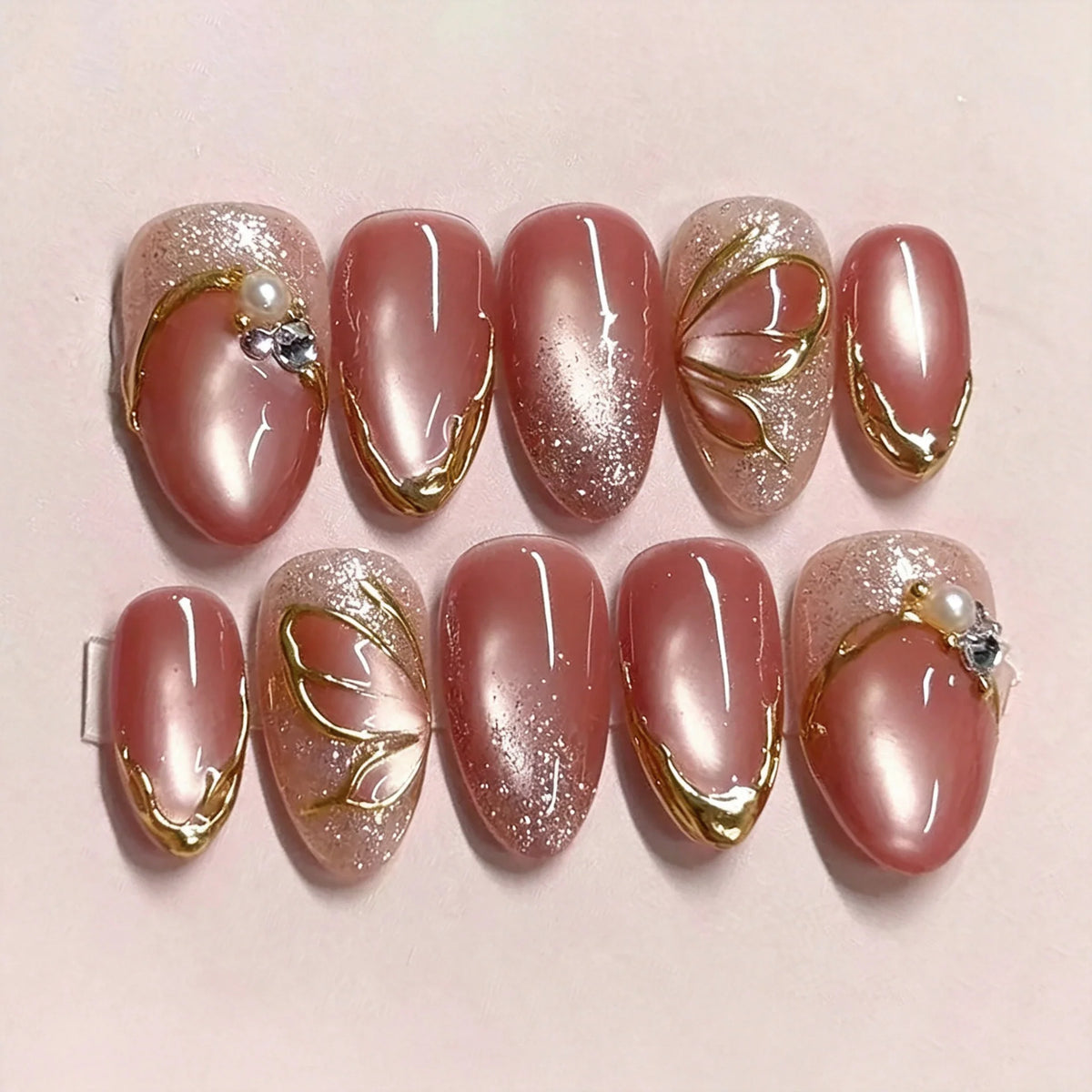 Press-On Nail Set Floral Gold Accents Reusable & Peel-And-Press
