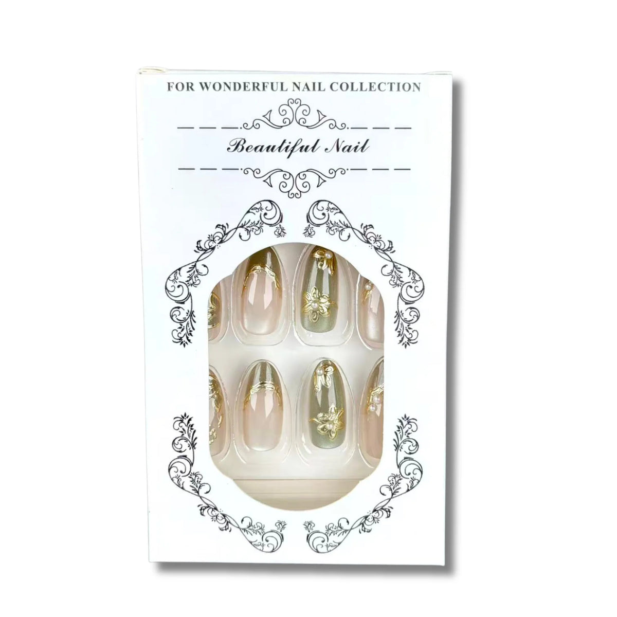 Press-On Nail Set Floral Gold Accents Self-Adhesive