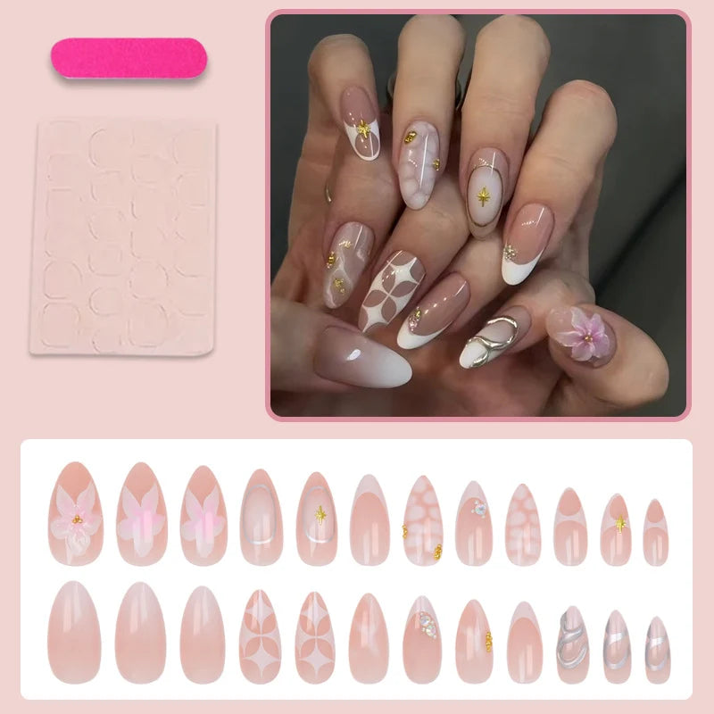 Press-On Nail Set Floral & Gold Accents Skin-Friendly