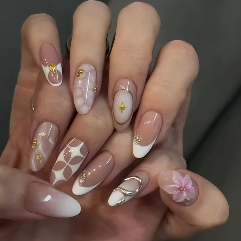 Press-On Nail Set Floral & Gold Accents Skin-Friendly