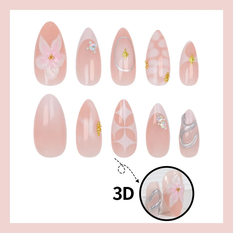 Press-On Nail Set Floral & Gold Accents Skin-Friendly