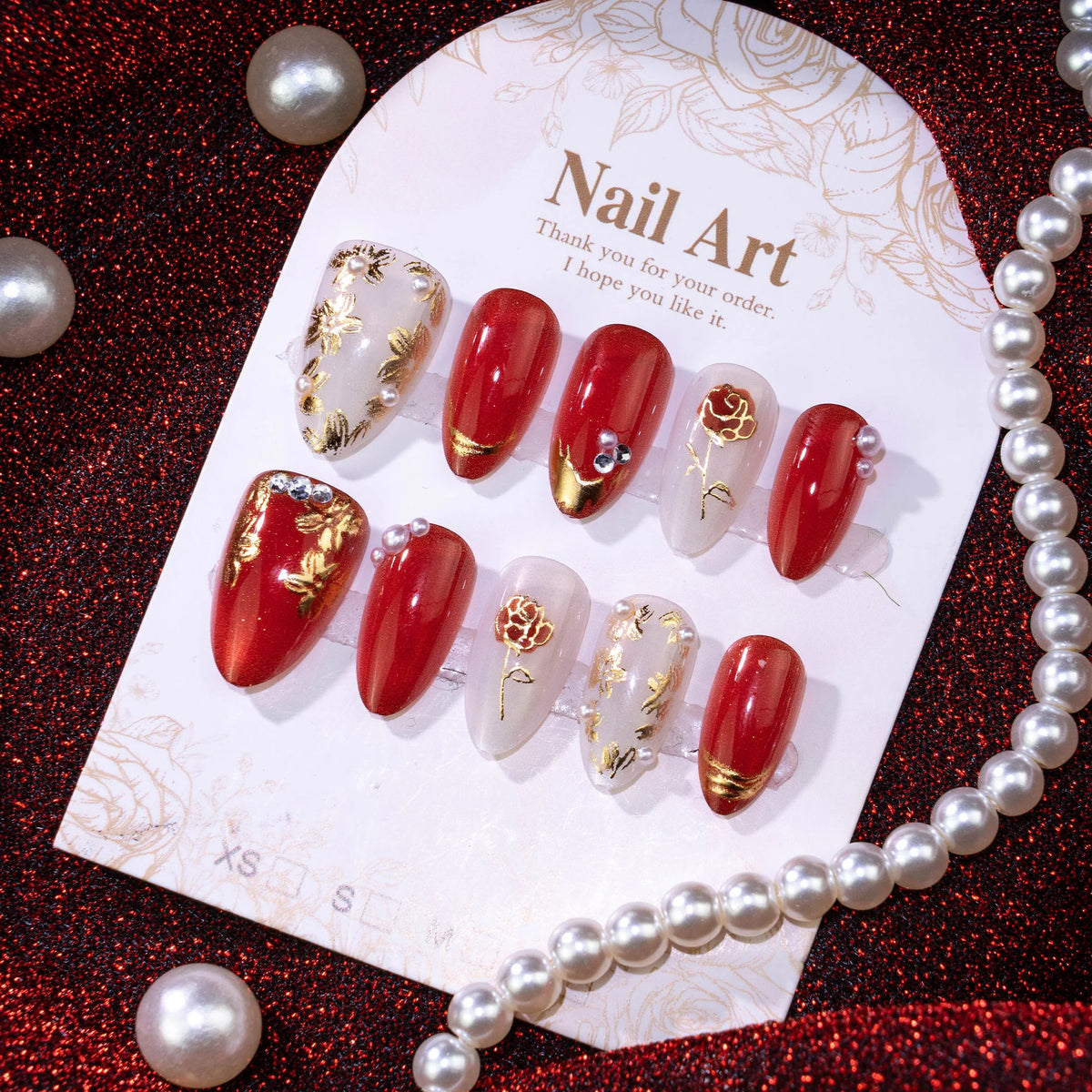 Press-On Nail Set Floral Gold & Pearl Multiple Sizes