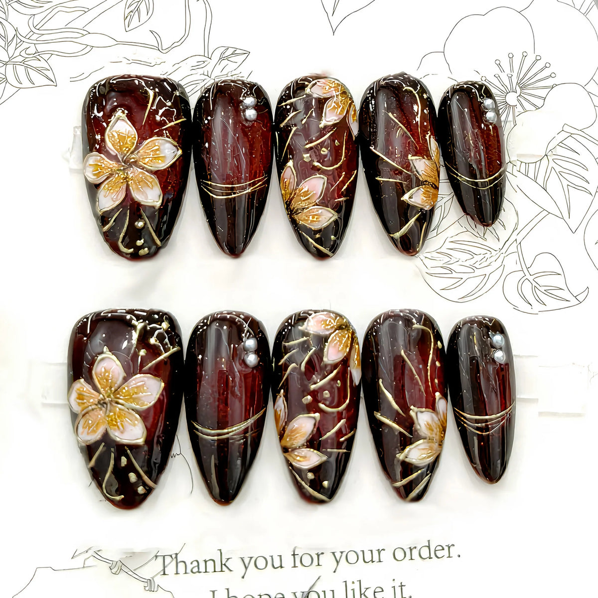 Press-On Nail Set Floral Gold Peel & Stick
