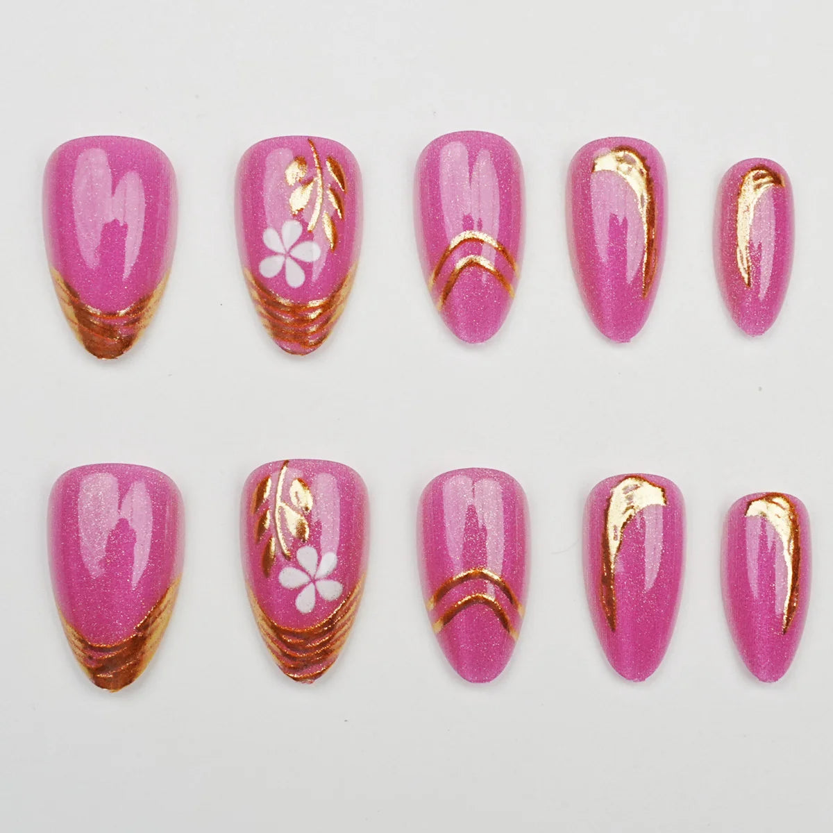 Press-On Nail Set Floral Gold Pre-Glued 24 Pieces