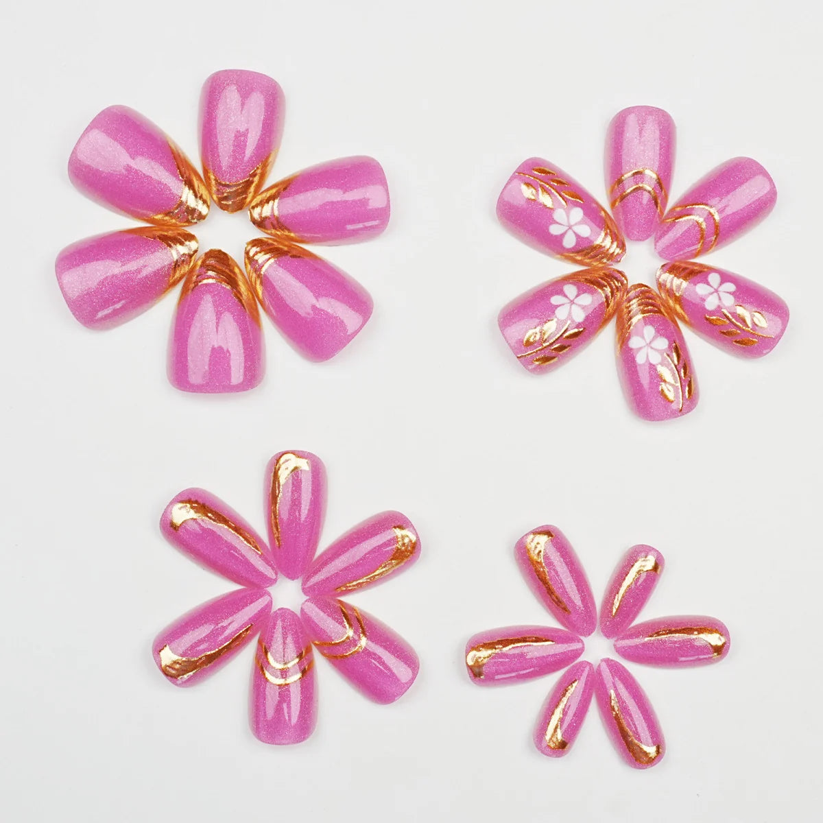 Press-On Nail Set Floral Gold Pre-Glued 24 Pieces