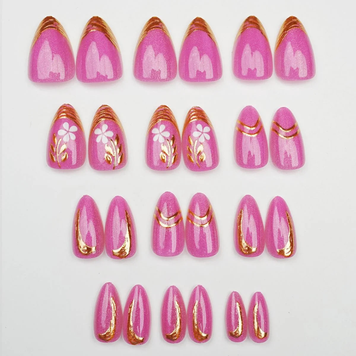 Press-On Nail Set Floral Gold Pre-Glued 24 Pieces