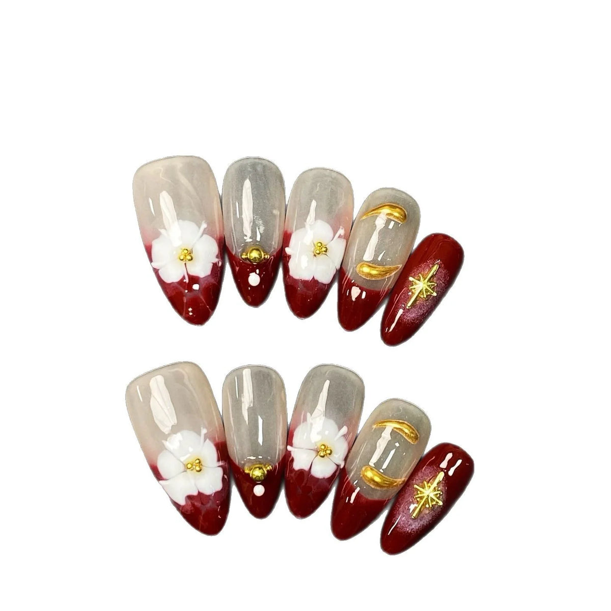 Press-On Nail Set Floral & Gold Reusable Acrylic