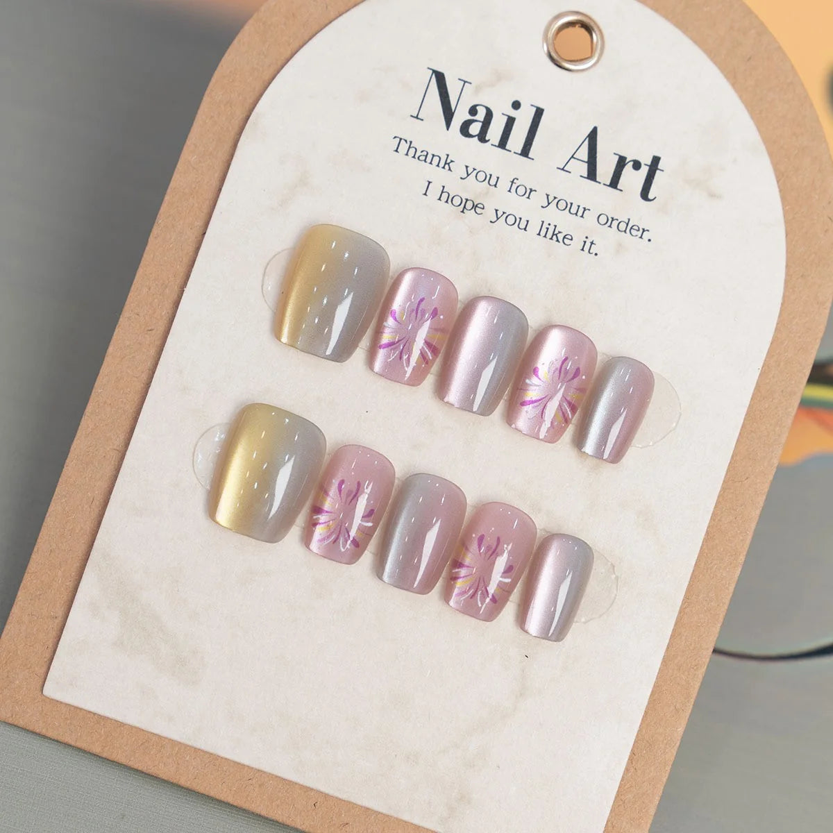 Press-On Nail Set Floral Gradient Reusable Adhesive Backing