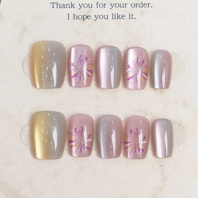 Press-On Nail Set Floral Gradient Reusable Adhesive Backing