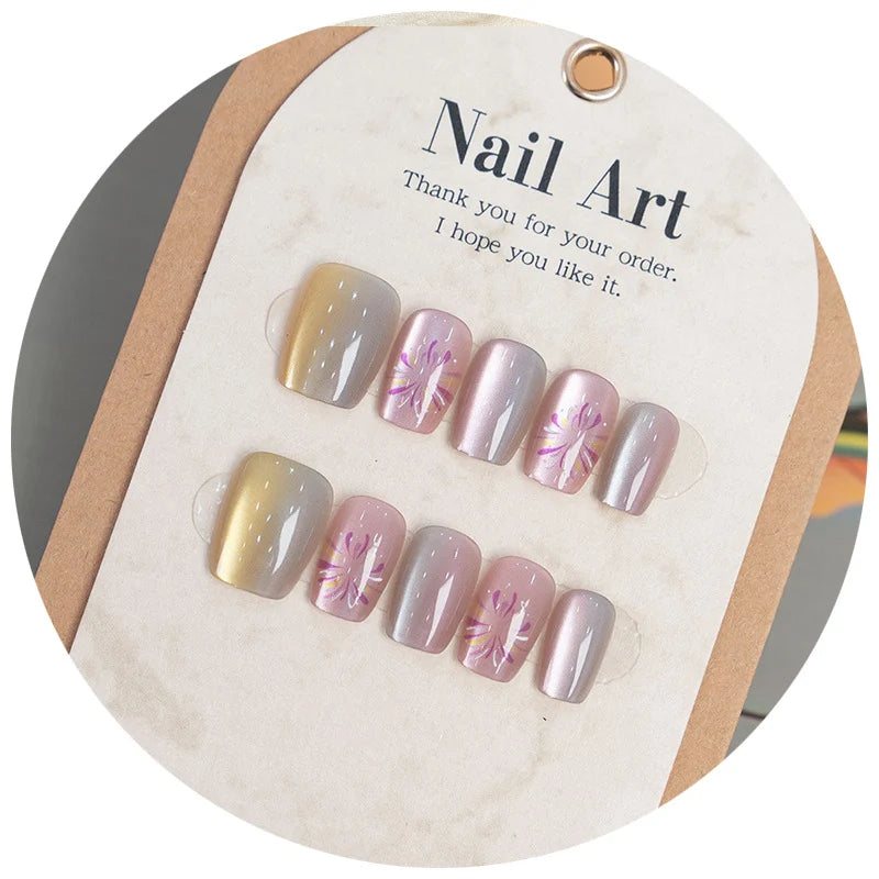 Press-On Nail Set Floral Gradient Reusable Adhesive Backing