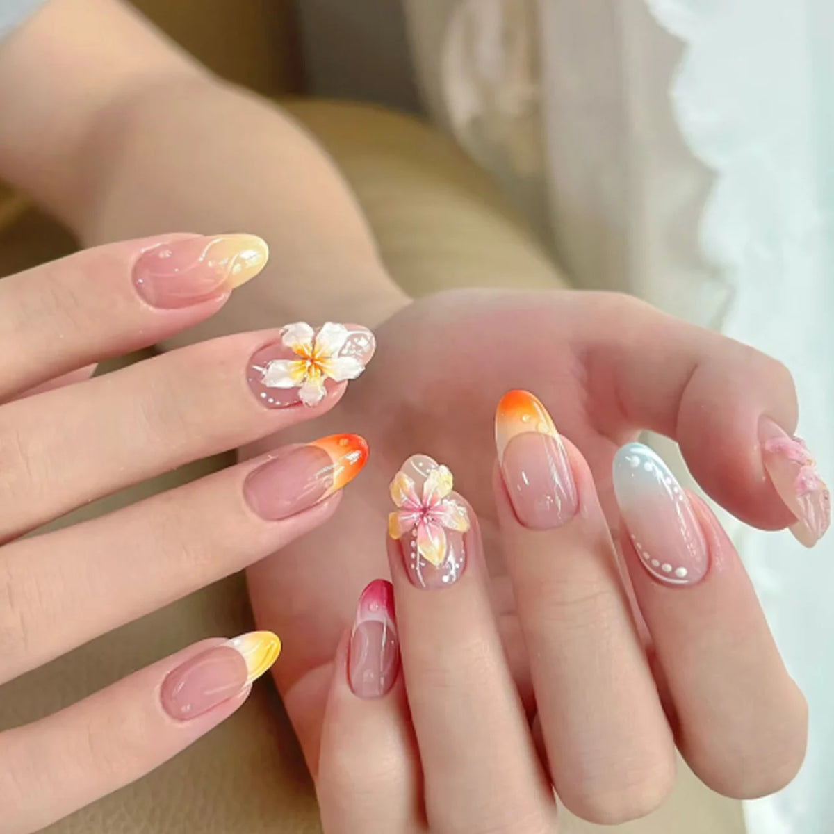 Press-On Nail Set Floral Gradient Self-Adhesive