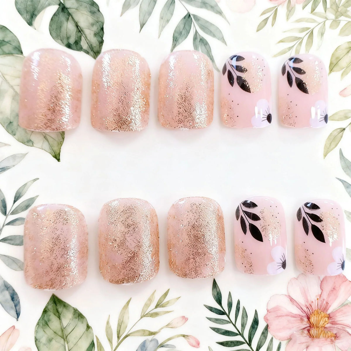 Press-On Nail Set Floral Graphic Quick Application Long-Lasting Wear