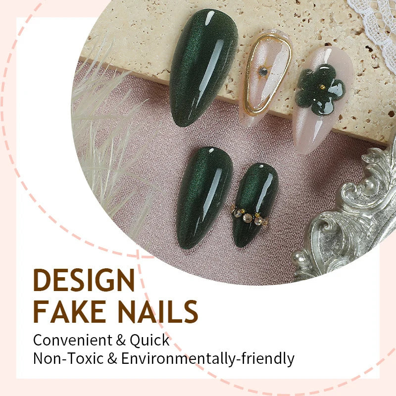 Press-On Nail Set Floral Green & Gold Reusable
