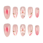 Press-On Nail Set Floral Hand-Painted & Rhinestone Accents