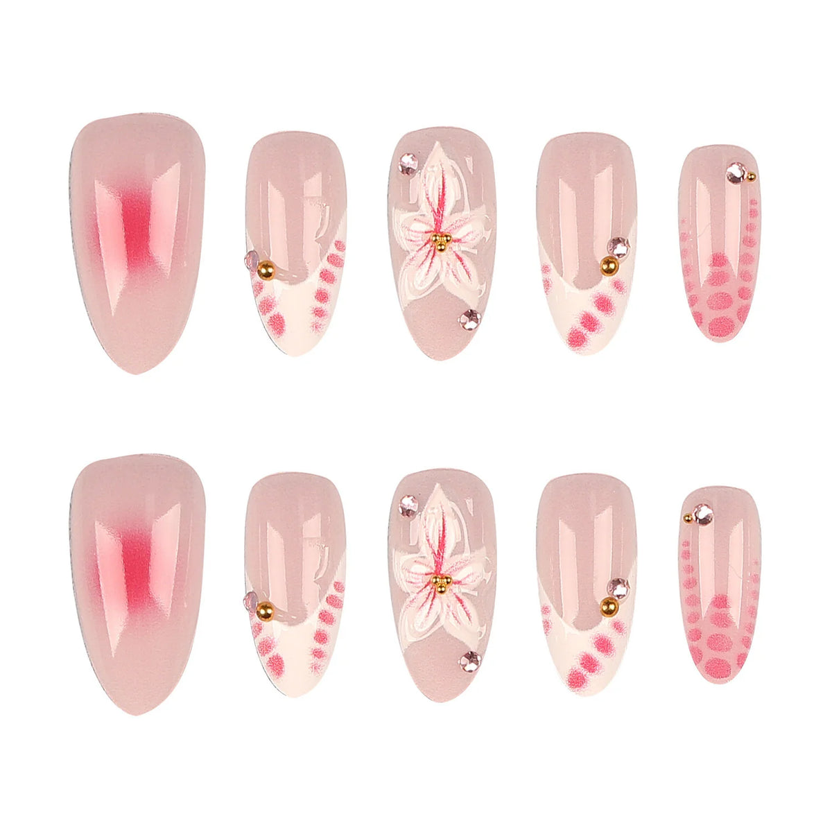 Press-On Nail Set Floral Hand-Painted & Rhinestone Accents