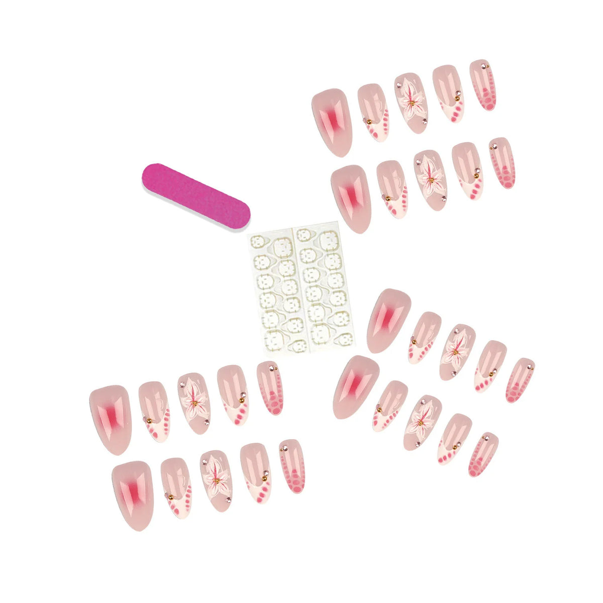 Press-On Nail Set Floral Hand-Painted & Rhinestone Accents