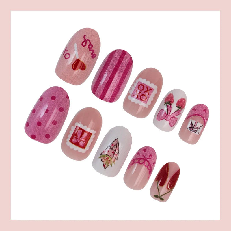 Press-On Nail Set Floral & Heart Designs 16-Piece