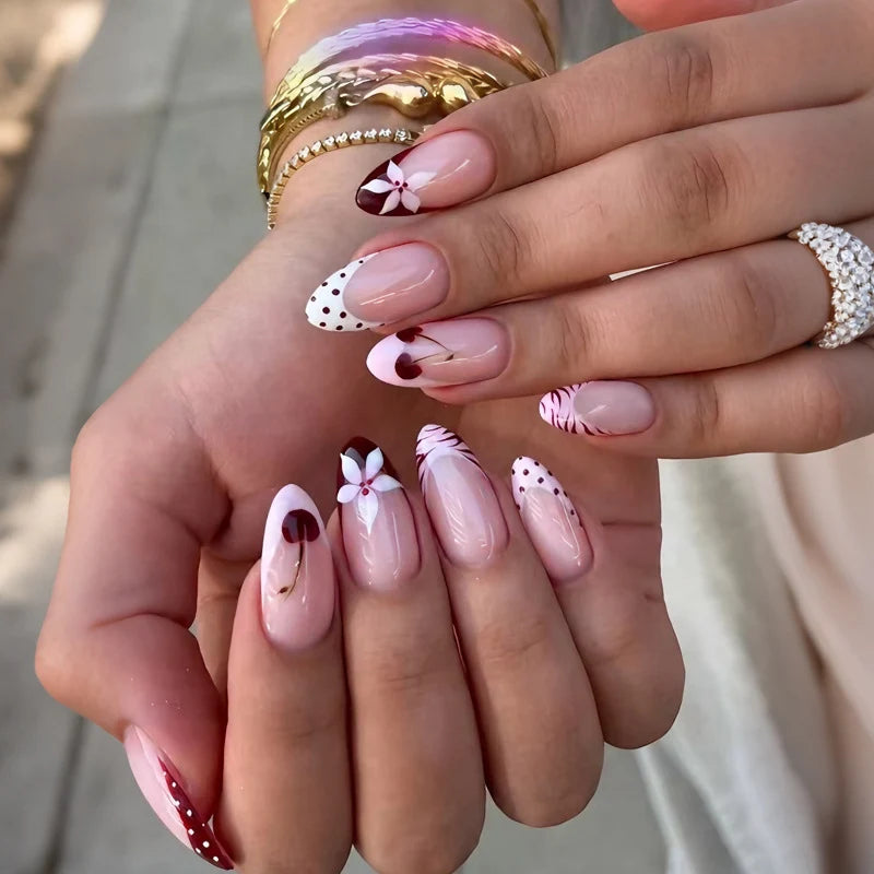 Press-On Nail Set Floral Heart Polka Dot Easy Application