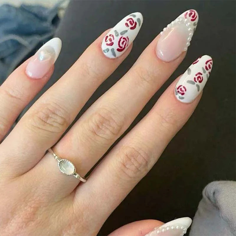 Press-On Nail Set Floral Jelly Finish Easy Application