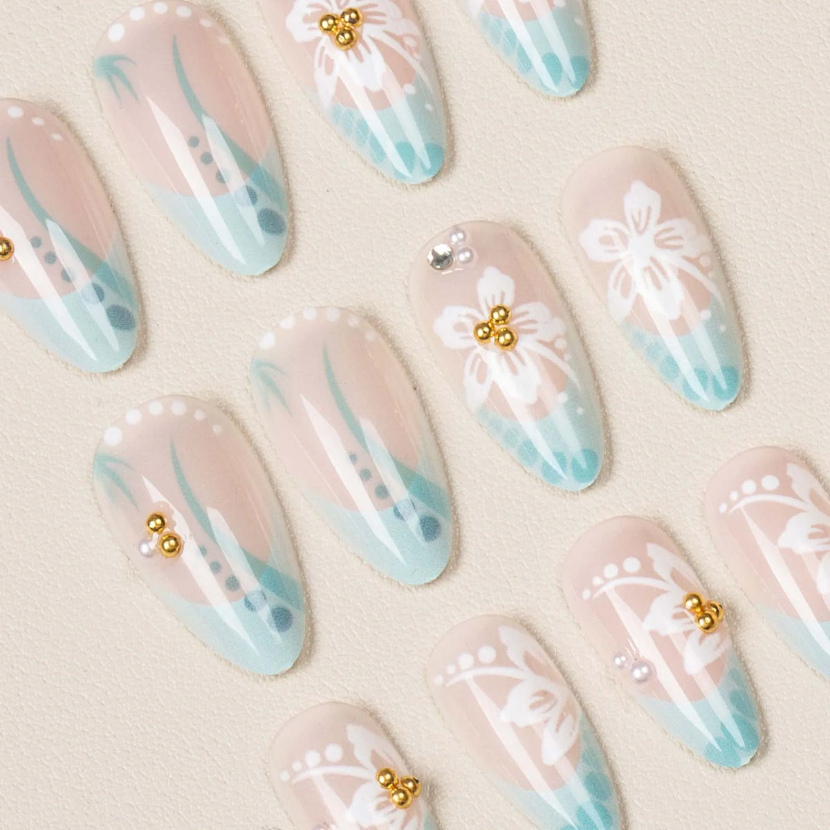 Press-On Nail Set Floral Jelly Finish Ready Adhesive