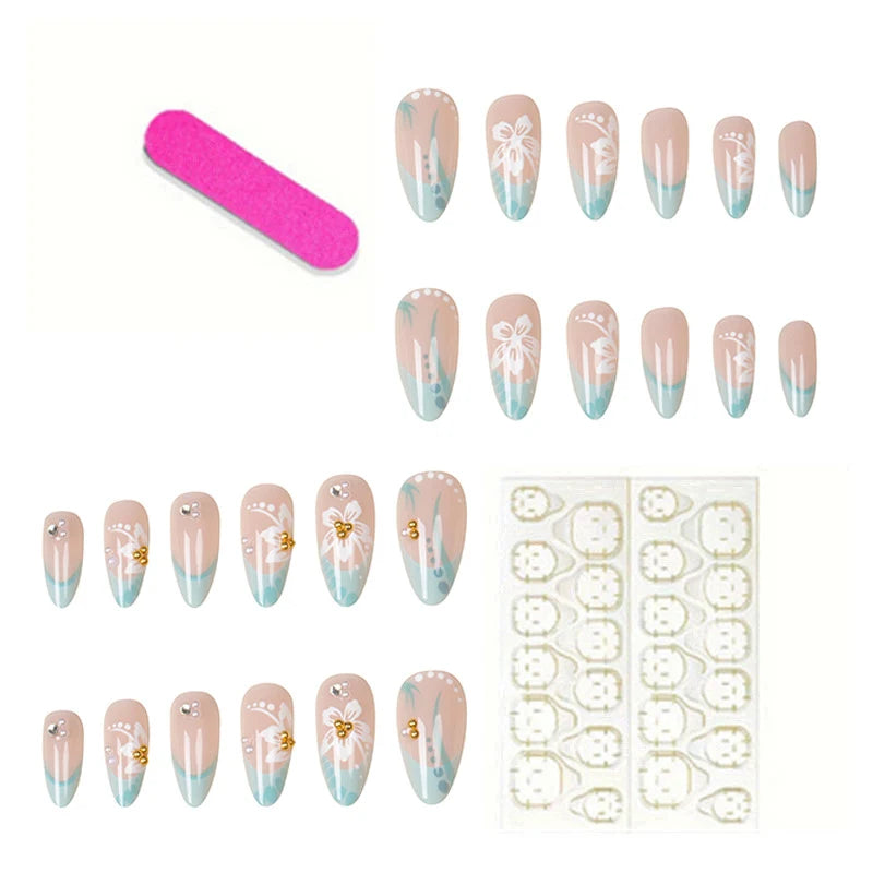 Press-On Nail Set Floral Jelly Finish Ready Adhesive