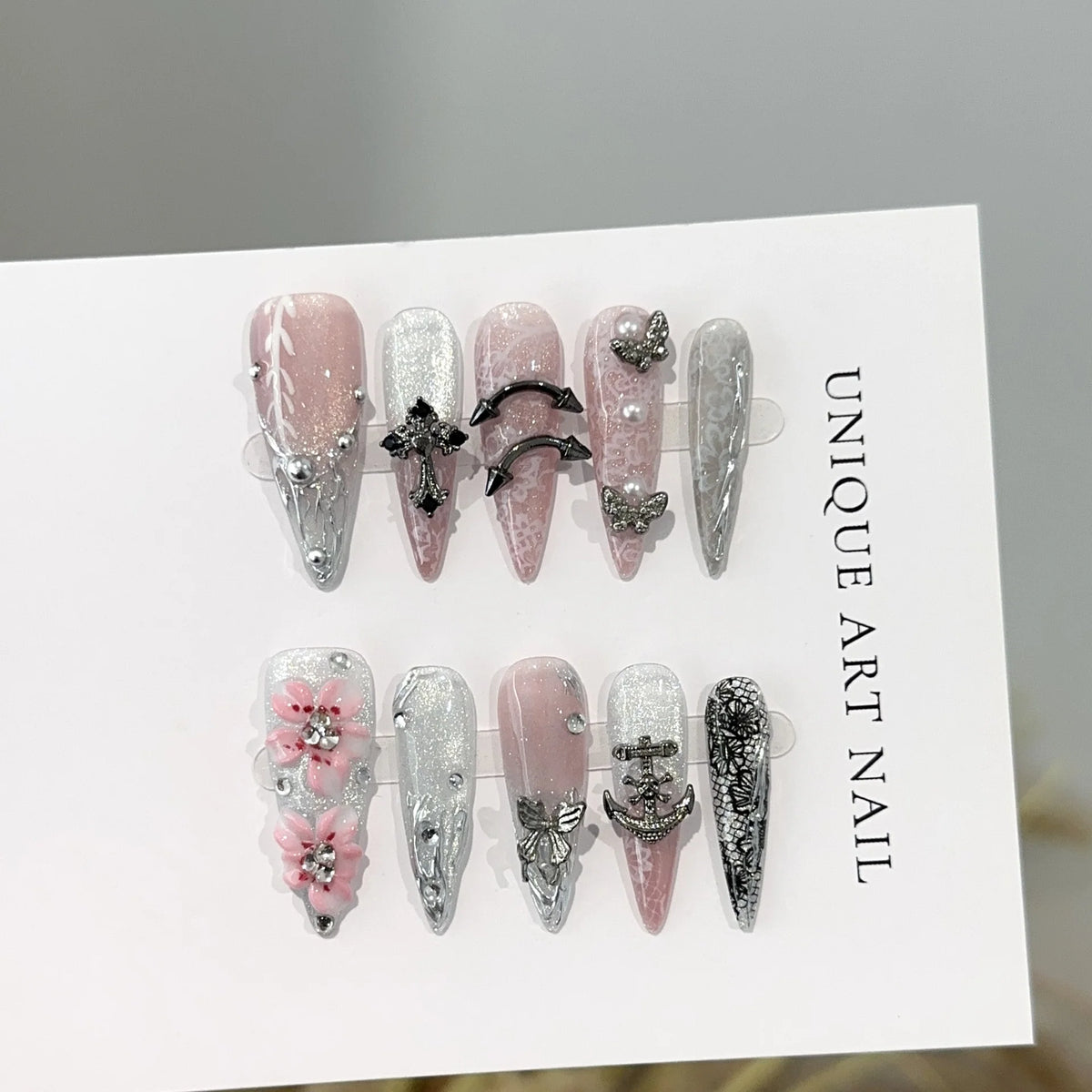 Press-On Nail Set Floral Jewel Accents