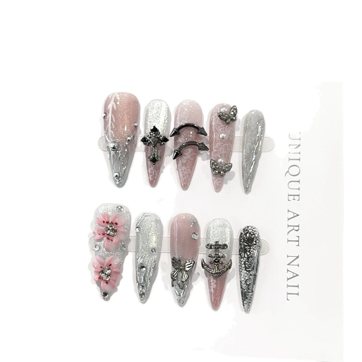 Press-On Nail Set Floral Jewel Accents
