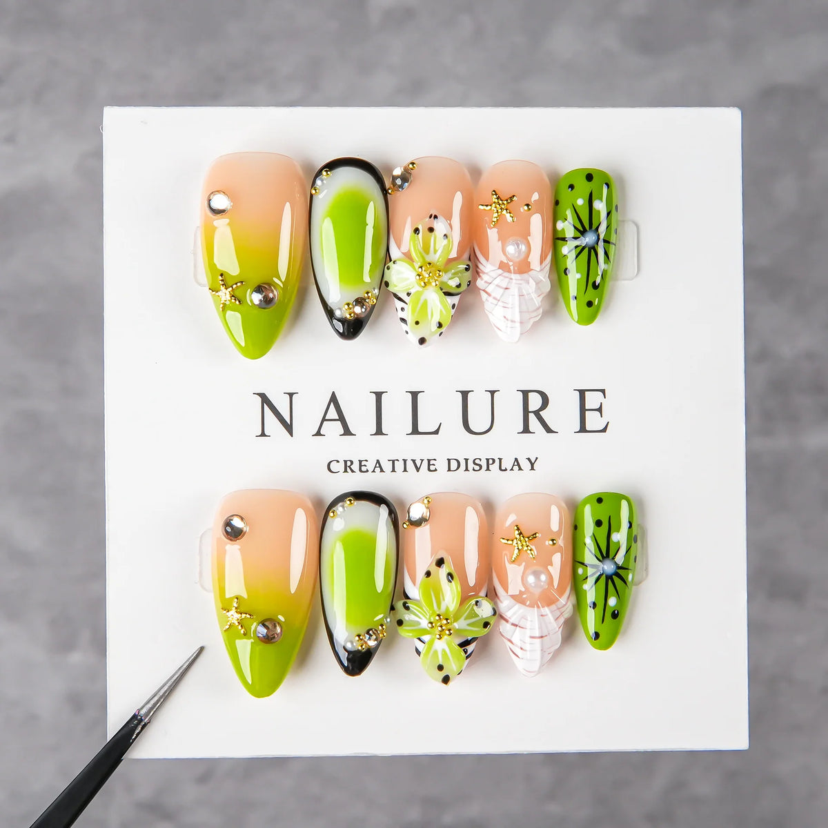 Press-On Nail Set Floral & Jewel Accents Reusable
