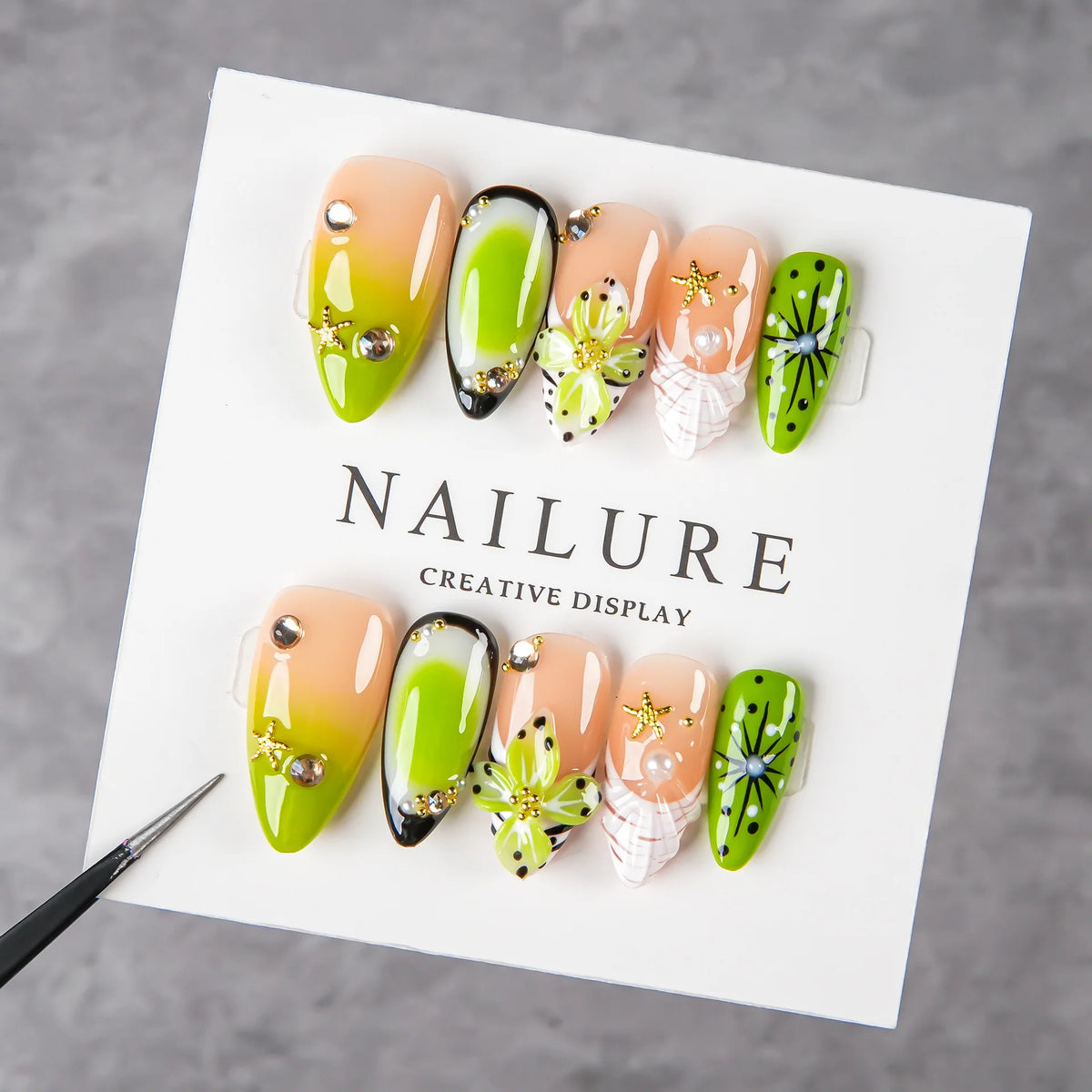 Press-On Nail Set Floral & Jewel Accents Reusable