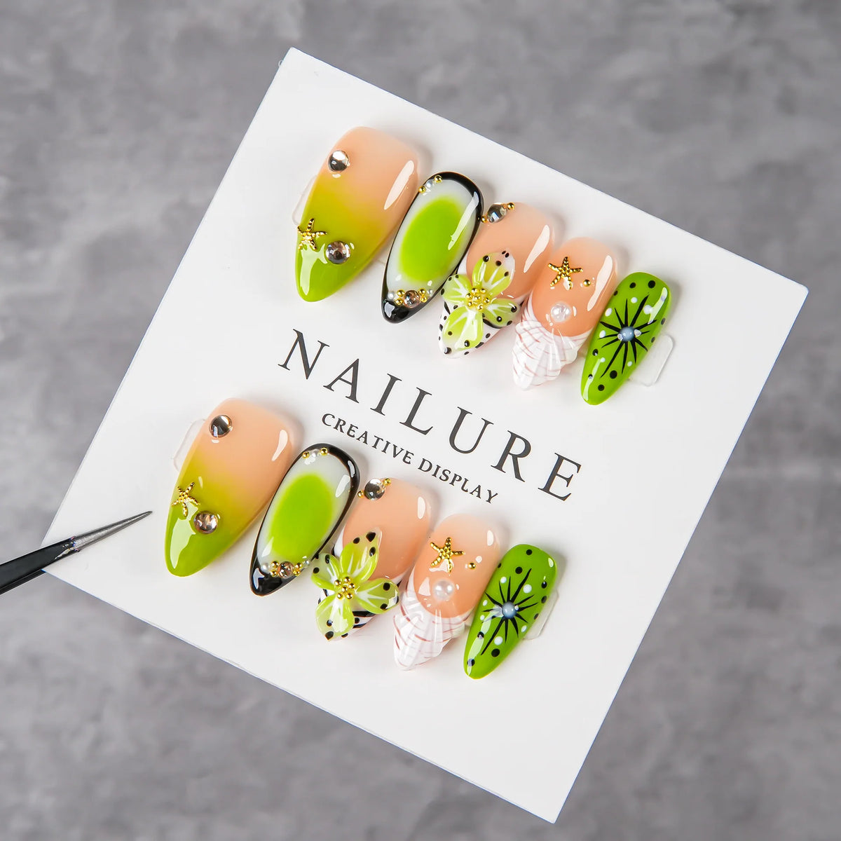 Press-On Nail Set Floral & Jewel Accents Reusable