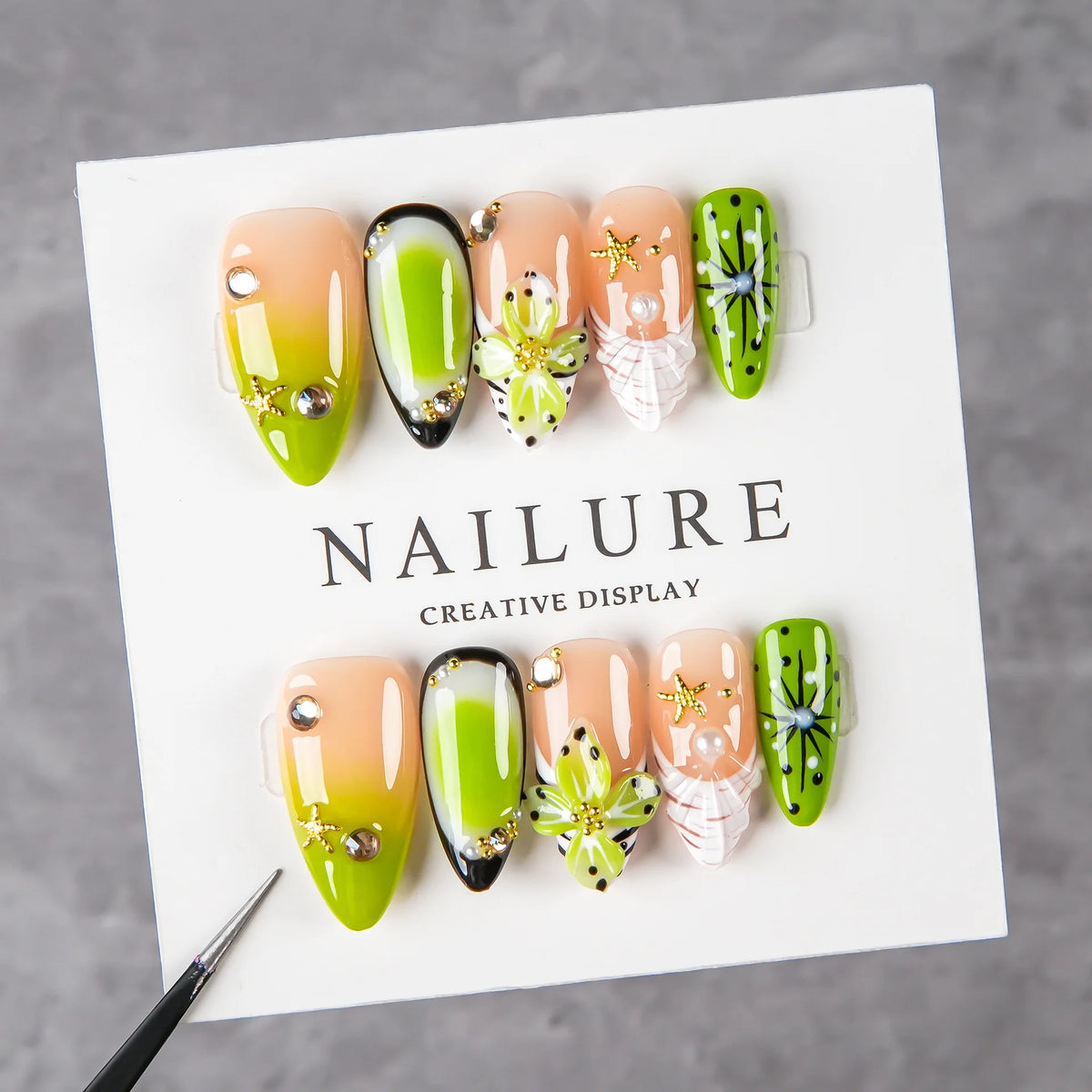 Press-On Nail Set Floral & Jewel Accents Reusable