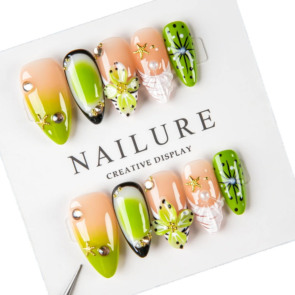Press-On Nail Set Floral & Jewel Accents Reusable