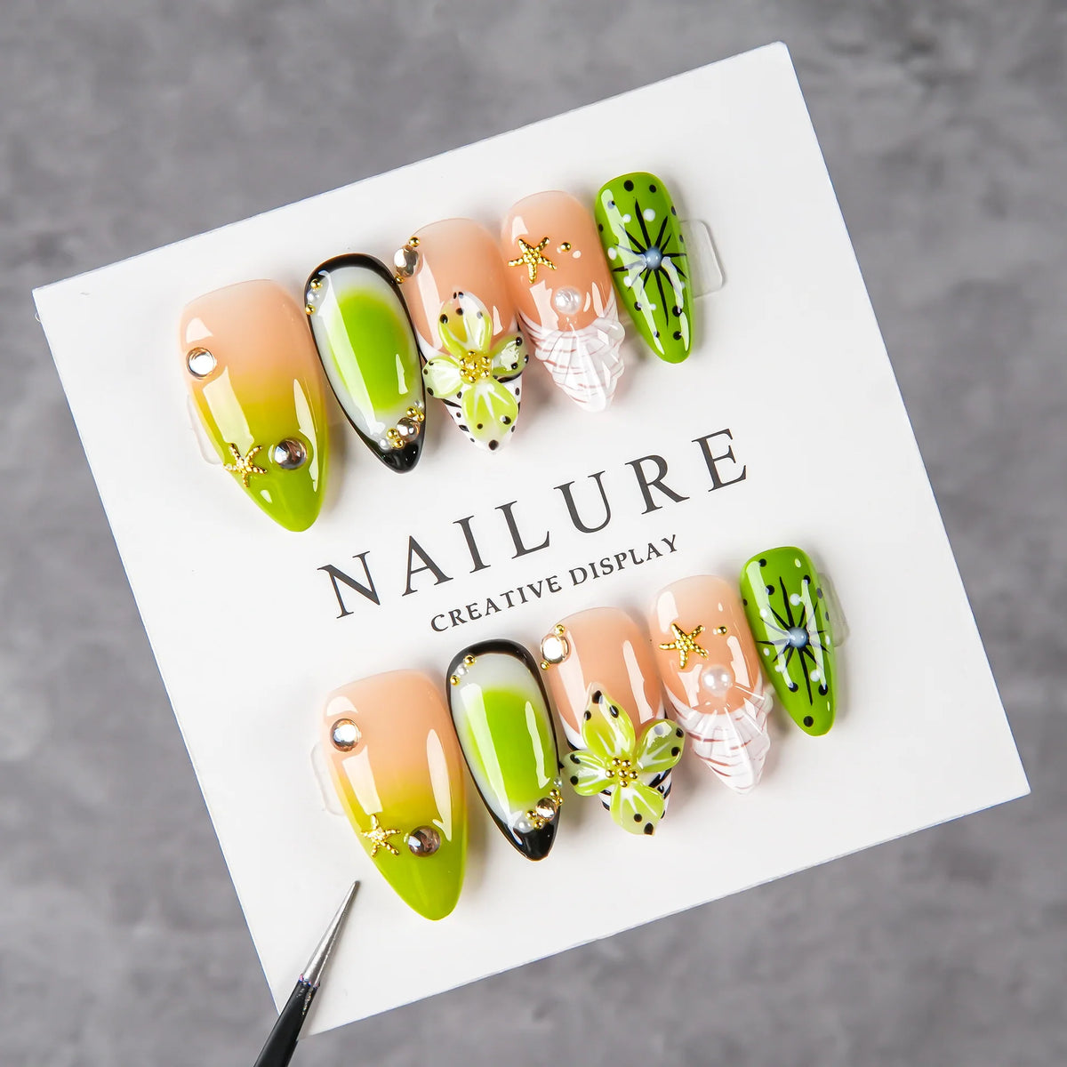 Press-On Nail Set Floral & Jewel Accents Reusable