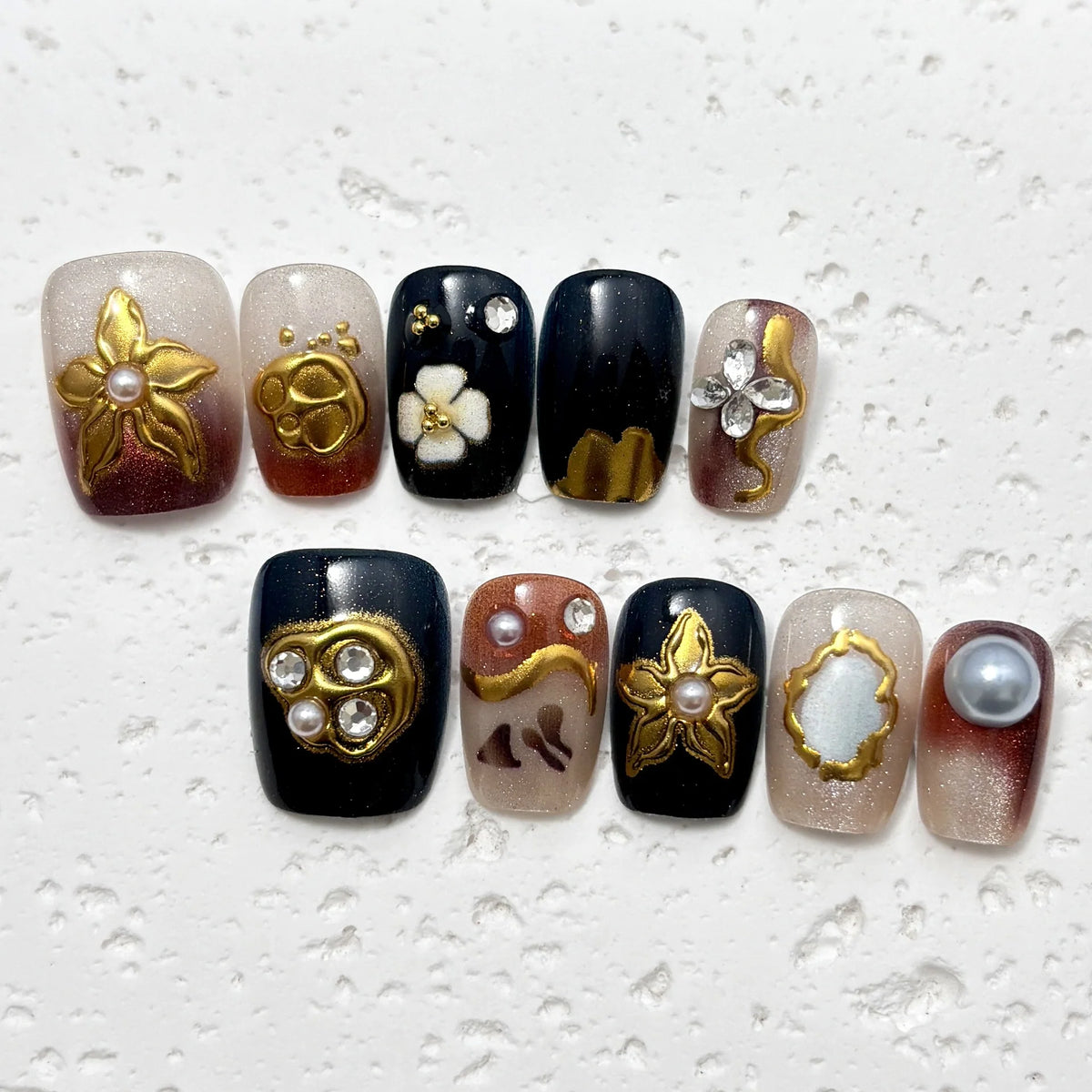 Press-On Nail Set Floral Jewel Embellished Reusable