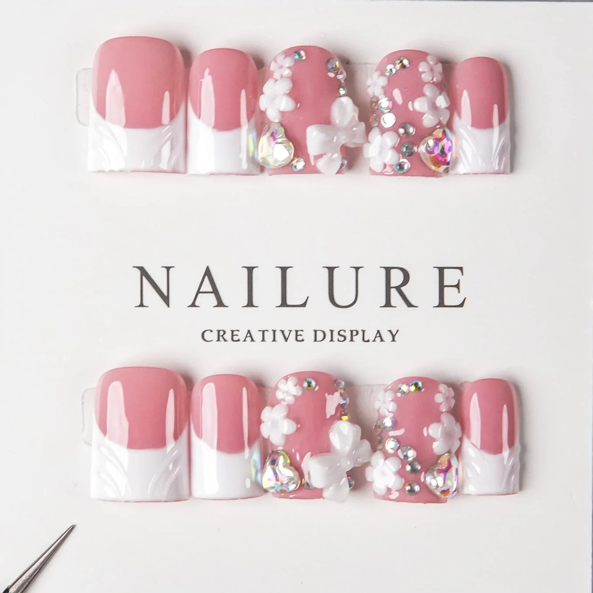 Press-On Nail Set Floral Jewel Glossy Multiple Sizes