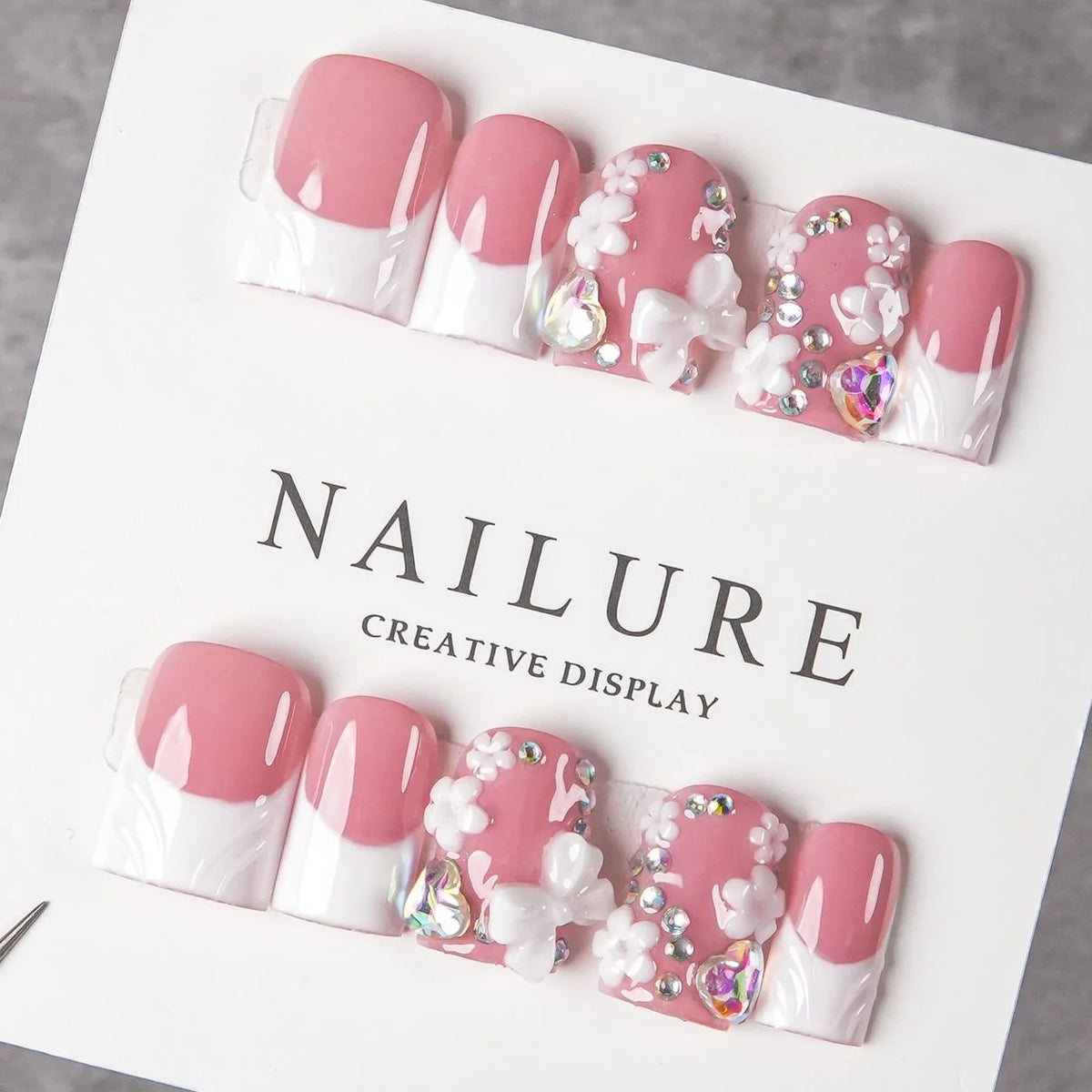 Press-On Nail Set Floral Jewel Glossy Multiple Sizes