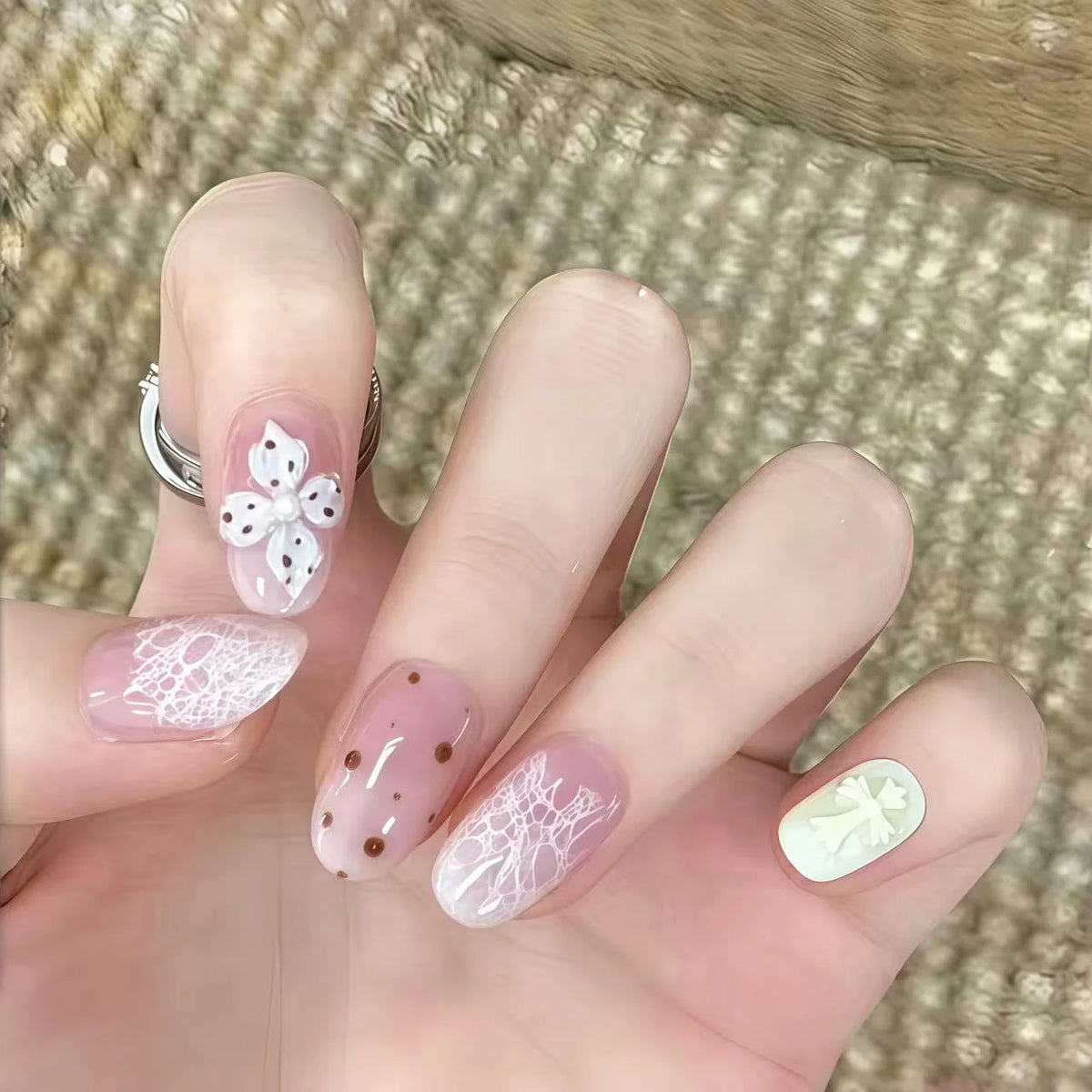 Press-On Nail Set Floral Lace Glue-Free Multiple Sizes