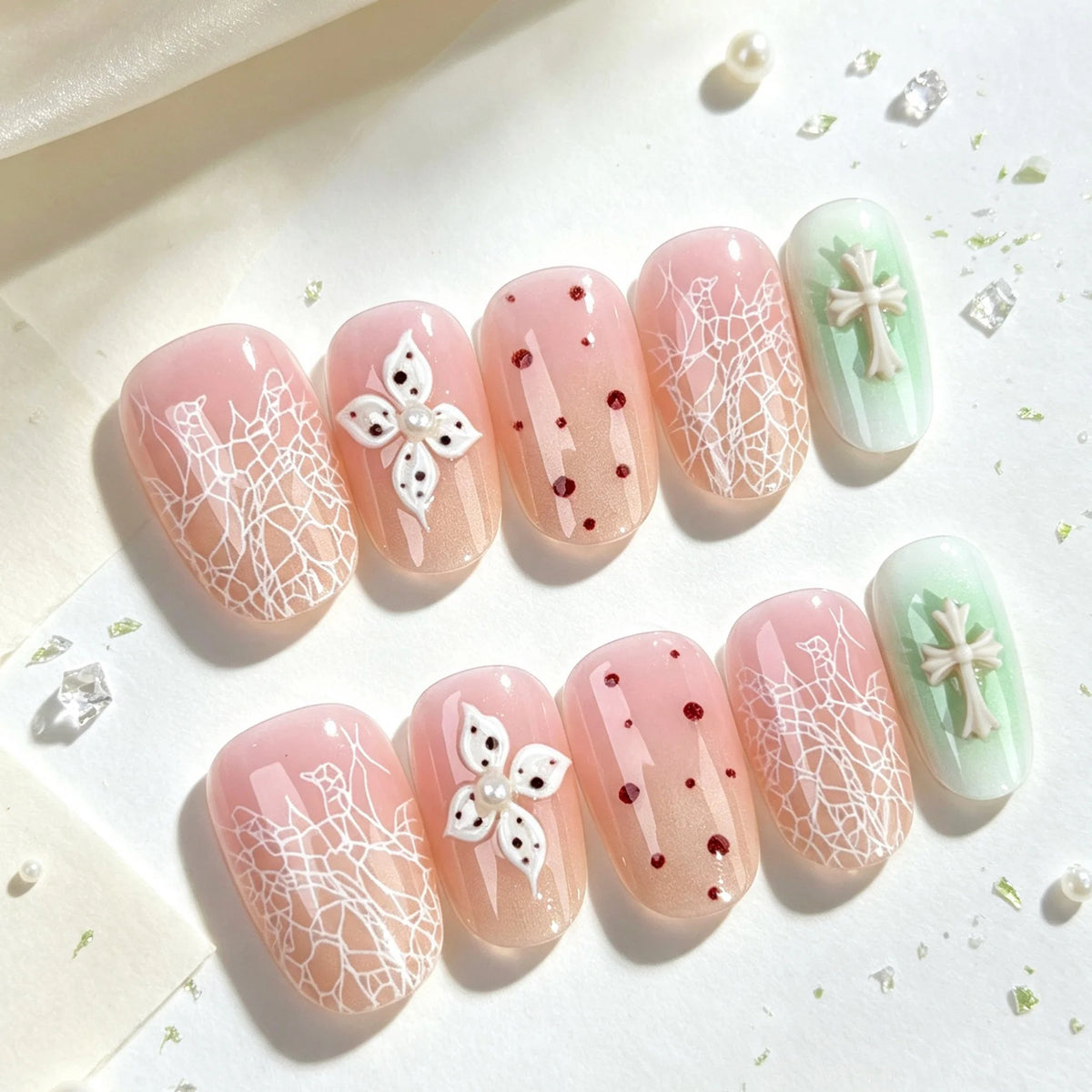 Press-On Nail Set Floral Lace Glue-Free Multiple Sizes