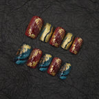 Press-On Nail Set Floral Leaf Gold Accents Glue-Free 24-Piece