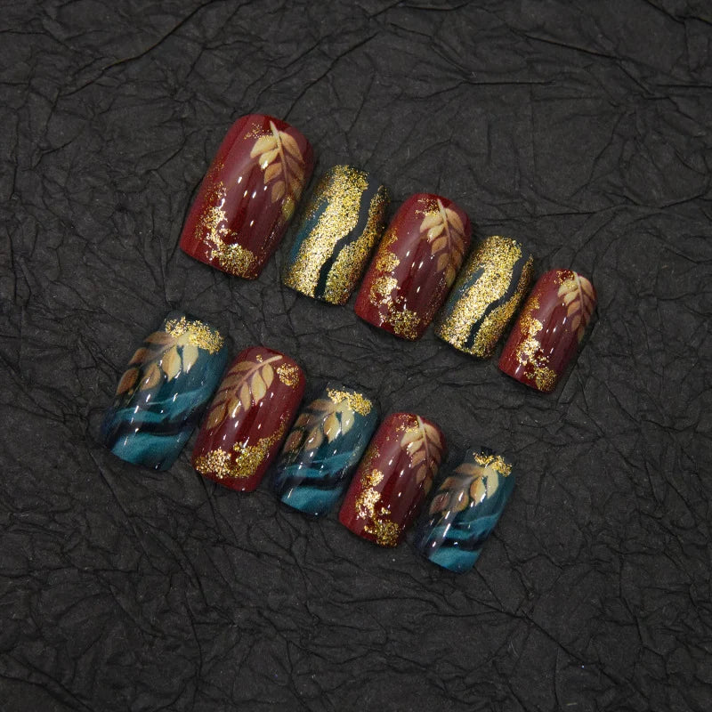 Press-On Nail Set Floral Leaf Gold Accents Glue-Free 24-Piece