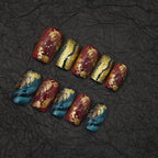 Press-On Nail Set Floral Leaf Gold Accents Glue-Free 24-Piece
