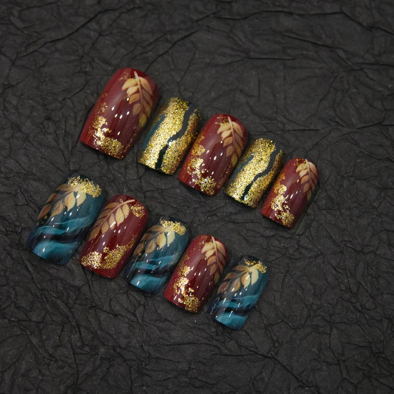 Press-On Nail Set Floral Leaf Gold Accents Glue-Free 24-Piece