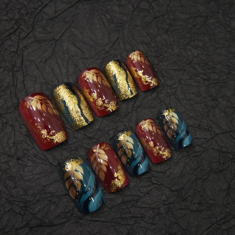 Press-On Nail Set Floral Leaf Gold Accents Glue-Free 24-Piece